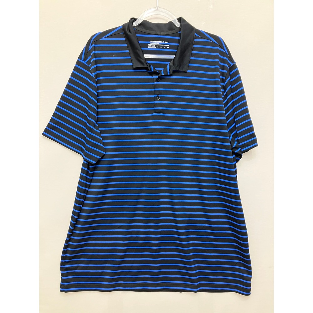Nike Golf Polo Shirt XXL Black Blue Striped Dri-FIT Standard Fit Short Sleeve